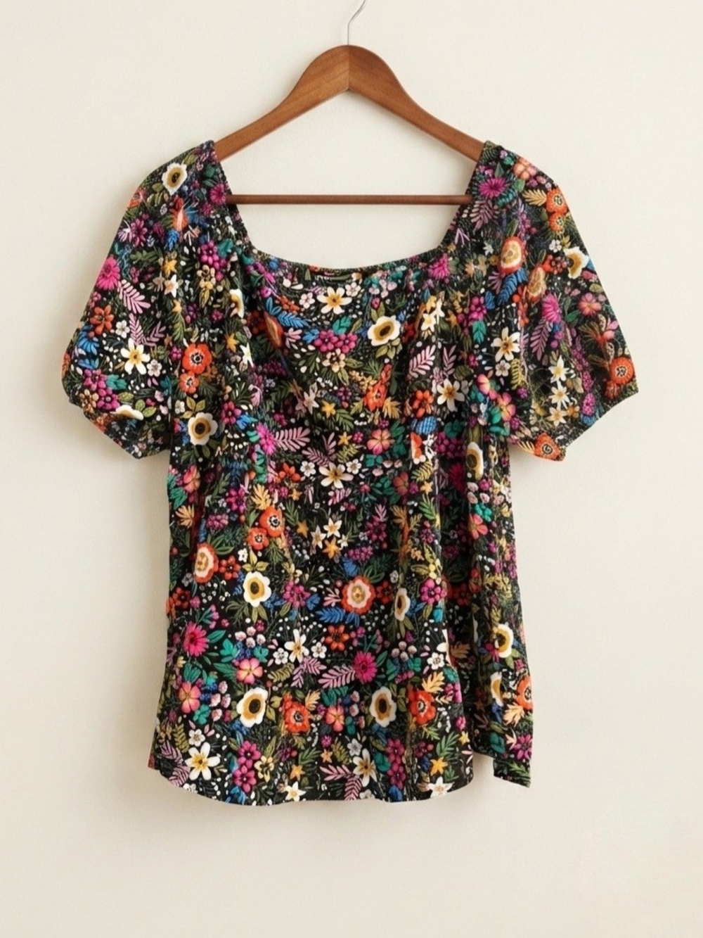 Bloomchic Floral Square Neck Blouse Black Multi Print Peplum Top - Picture 2 of 4